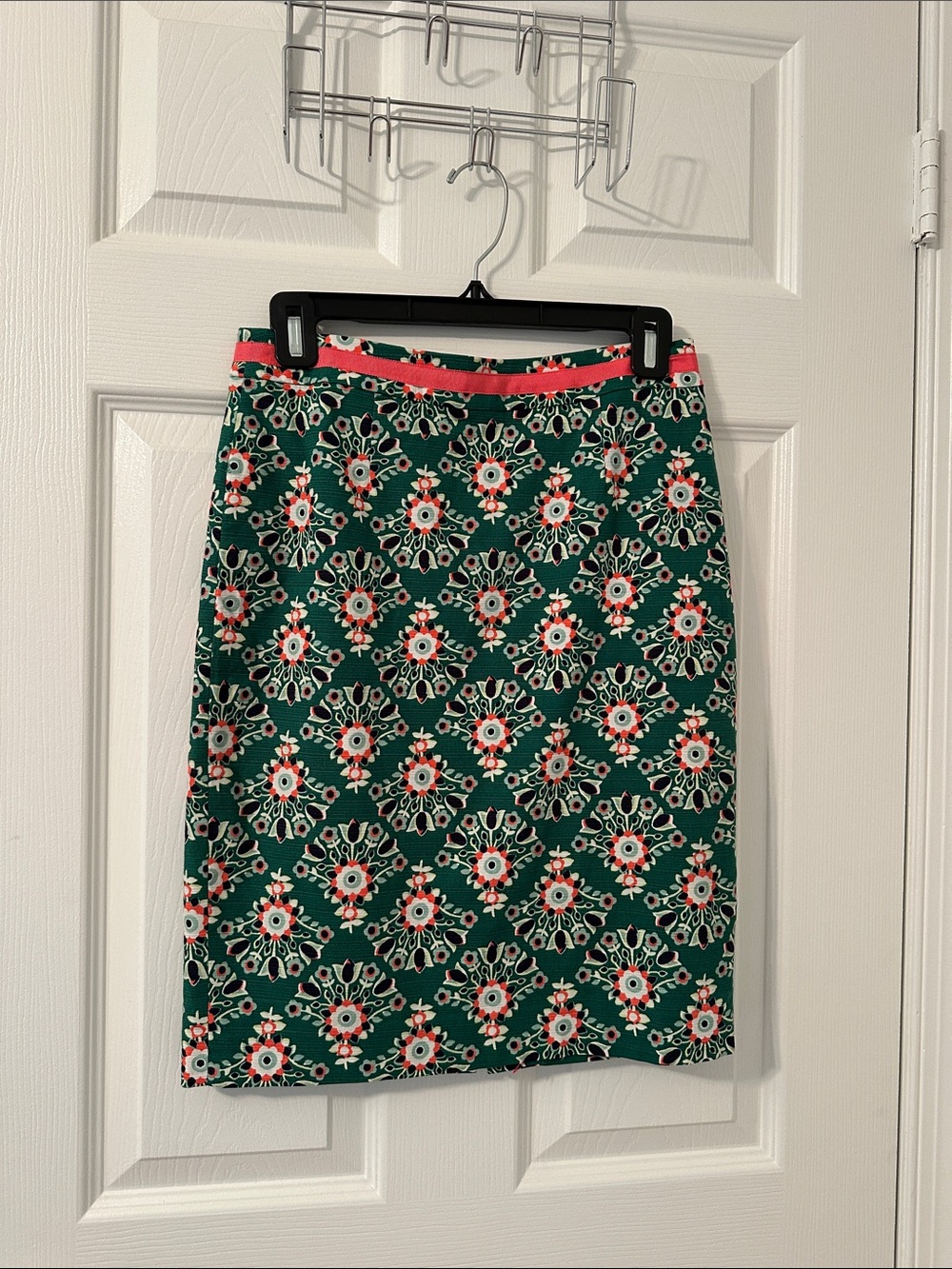 Boden Green Floral Pencil Skirt with Coral Trim
